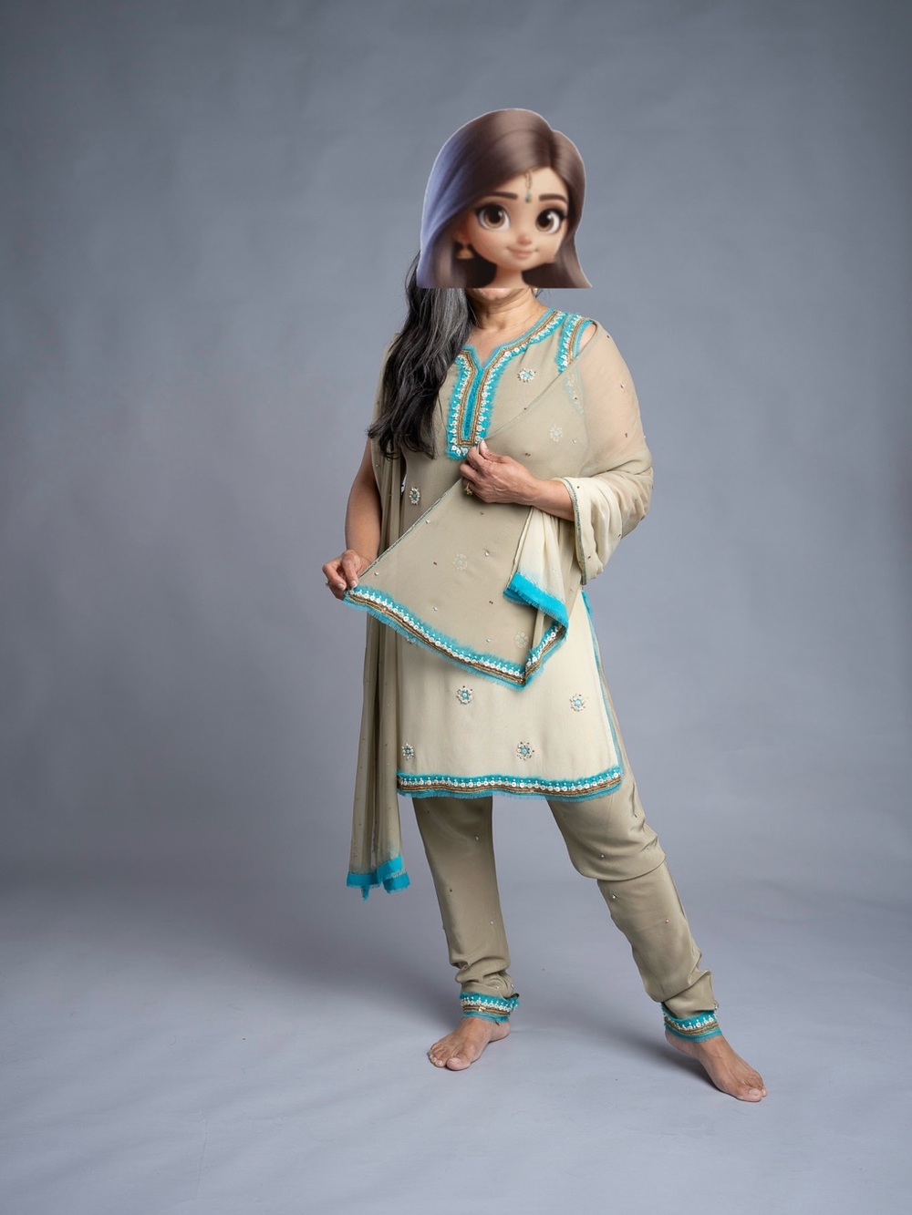 Elegant Beige & Turquoise Women’s Kurta Set - Brand Unspecified